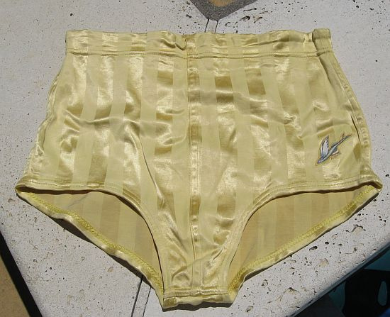 Vintage early 50s Catalina Mens Yellow Satin Stripe Swimsuit 36